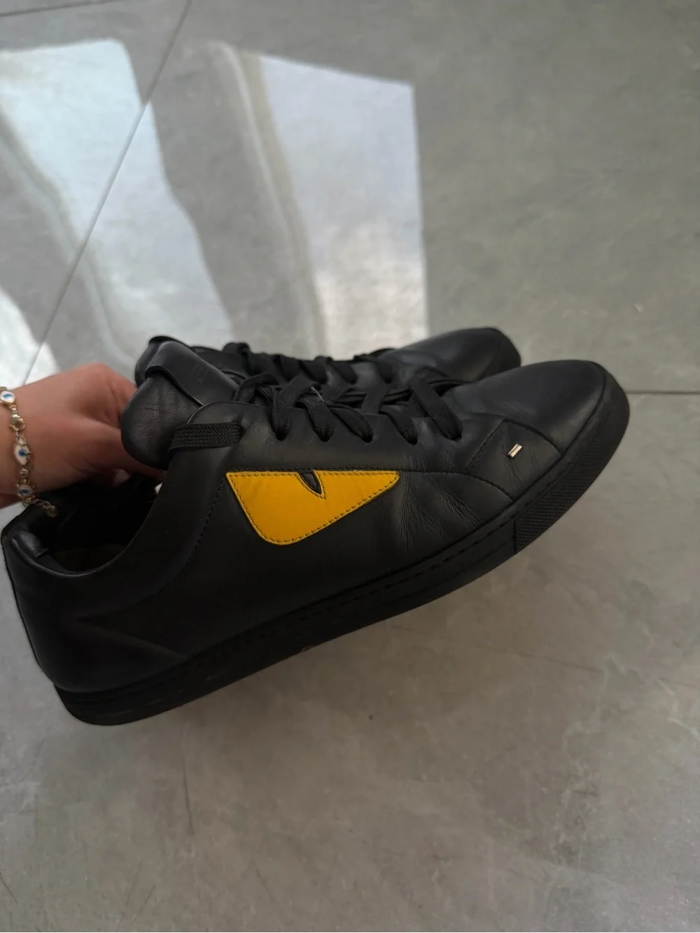 Fendi Black Leather Sneakers with Yellow Patch